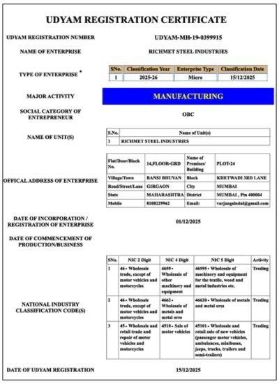Udyam Registration Certificate